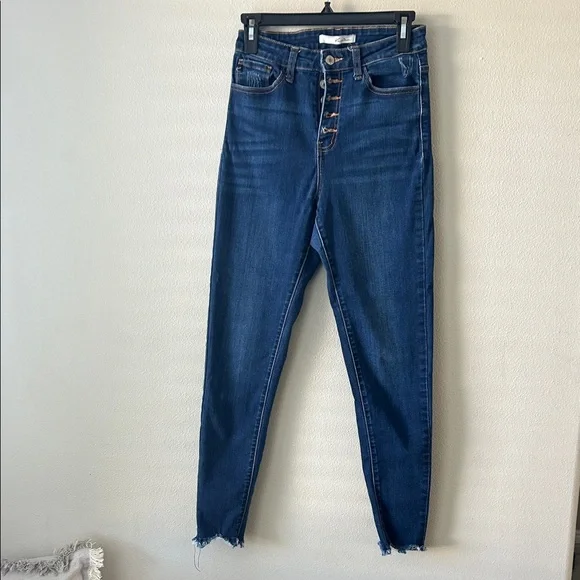 KanCan Dark Blue high waited button fly Raw Hem Jeans Size 27 - Picture 2 of 6